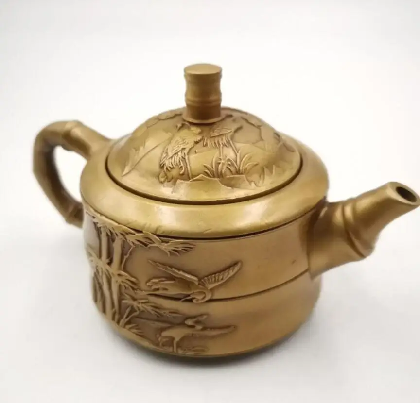 

China brass bamboo crane teapot small crafts statue