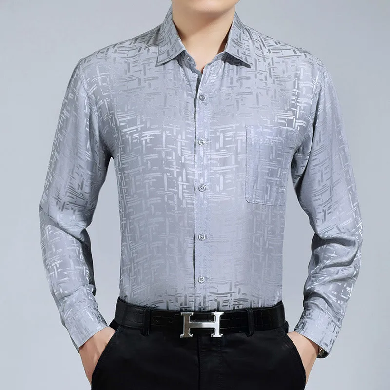 100%Silk Men Shirt Summer Blue White Dress Man 2020 Gentlemen Button Chemise Homme Manche Longue 3383 KJ1942 | Мужская одежда