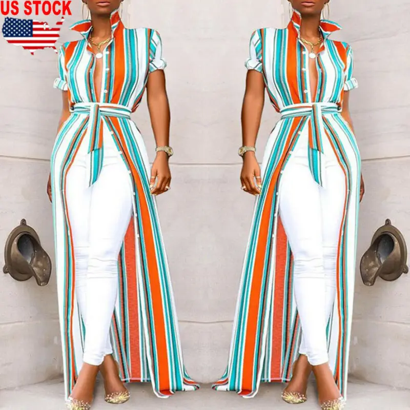 

Fashion Women Ladies Summer Casual Short Sleeve Belt Maxi Dress Split Evening Party Color Striped Button Long Shirt Blouse Dress