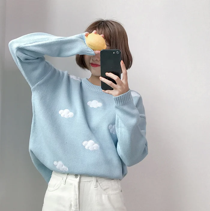 Женский свитер Kawaii Ulzzang в винтажном стиле для колледжа, свободный свитер с облаками, Женская Корейская розовая плотная свободная одежда Harajuku для женщин