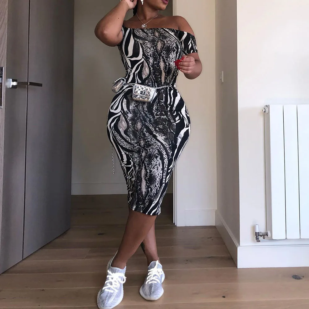 

Snake Printed Mid-Calf Off Shoulder Women Dress Sexy Backless Bodycon Cocktail Party Dresses African Ladies Midi Summer Robe