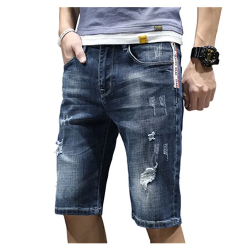 Новинка, уличная одежда, мужские винтажные рваные джинсы, короткие бермуды, Ретро стиль, с дырками, повседневные, свободные, летние, прямые шорты из джинсовой ткани, мужские, Размер 27-36