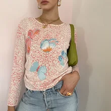 

Butterfly Print Korean Basic Shirt Y2K Long Sleeve Pink Women Sweet Style Casual Tops New Style Summer Autumn Tee Tops