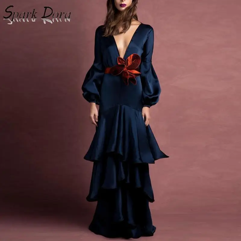 

SparkDora Europe America Popular Spring 2020 Deep V-neck With Ruffles Elegant Solid Color Long Dress Red Bow And Ground Skirt