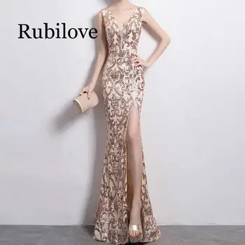 

Rubilove 2019 Mesh Women Dress New Winter Fashion Golden Banquet Sexy Long Sequins Dresses