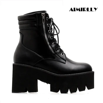 

Spring Autumn Women Martin boots Lace up Platform Ankle Boots Round Toe High Heels Thick bottom Shoes Female Black Aimirlly