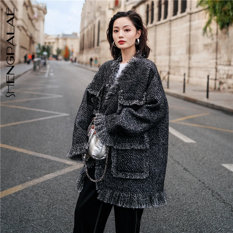 

SHENGPALAE 2020 New Fashion Small Fragrant Wind Flower Gray Weaving What About Coat Tassel Burr Wool Tweed Coat Loose ZA3280