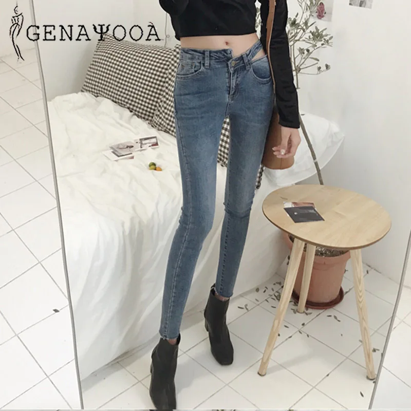 Genayooa Sexy Skinny Jeans Woman Streetwear High Waist Ripped Jeans For Women Korean Style Demin Pencil Pants - Color: blue