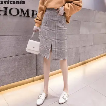 

Pocket High Waist Plaid Knee Length Skirt Women's New Split Show Medium Length A-line Skirt