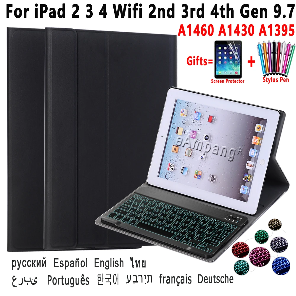 

For iPad 2 3 4 Wifi 2nd 3rd 4th Gen 9.7 Case with Backlit Keyboard For iPad A1460 A1430 A1395 Russian Korean Keyboard Cover