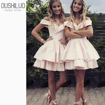 

Cute Homecoming Dresses For Teens Off Shoulder Homecoming Dress Pink Tiered Ruffles Sweetheart Prom Dress Short Mini Skirt
