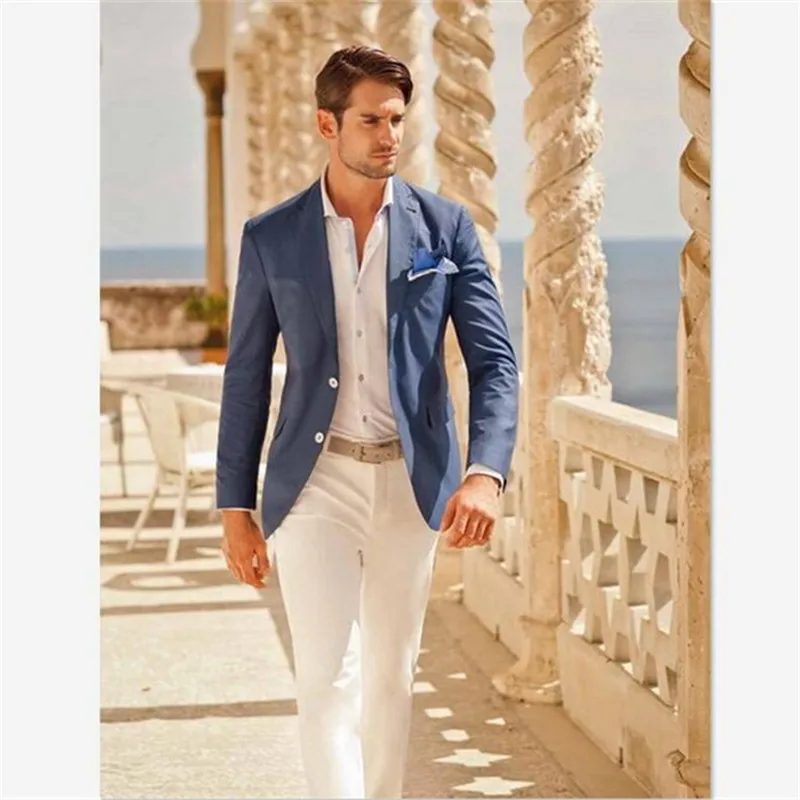 

Casual Designer Summer Beach Wedding Blue Blazer White Pants 2 Pieces Mens Suits (Jacket+Pants) Street Prom Custom Made Suits