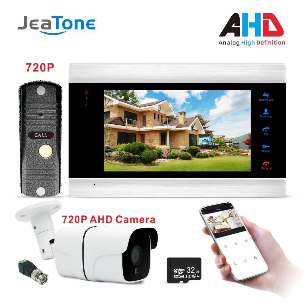 

Jeatone 720P/AHD 7 WiFi Smart IP Video Door Phone System with Waterproof AHD Doorbell Camera+720P AHD Cam,Support Remote unlock