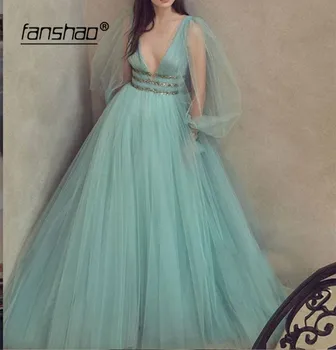 

Mint Green Muslim Evening Dresses Deep V-Neck Long Sleeves Lantern Islamic Dubai Saudi Arabic Formal Evening Gown Prom Dress