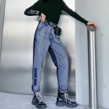 High Waist Jeans Pants Women Vintage Female Jean Casual Embroidery Loose Fit Denim Pant Vintage Patchwork Ankle-length Trouser