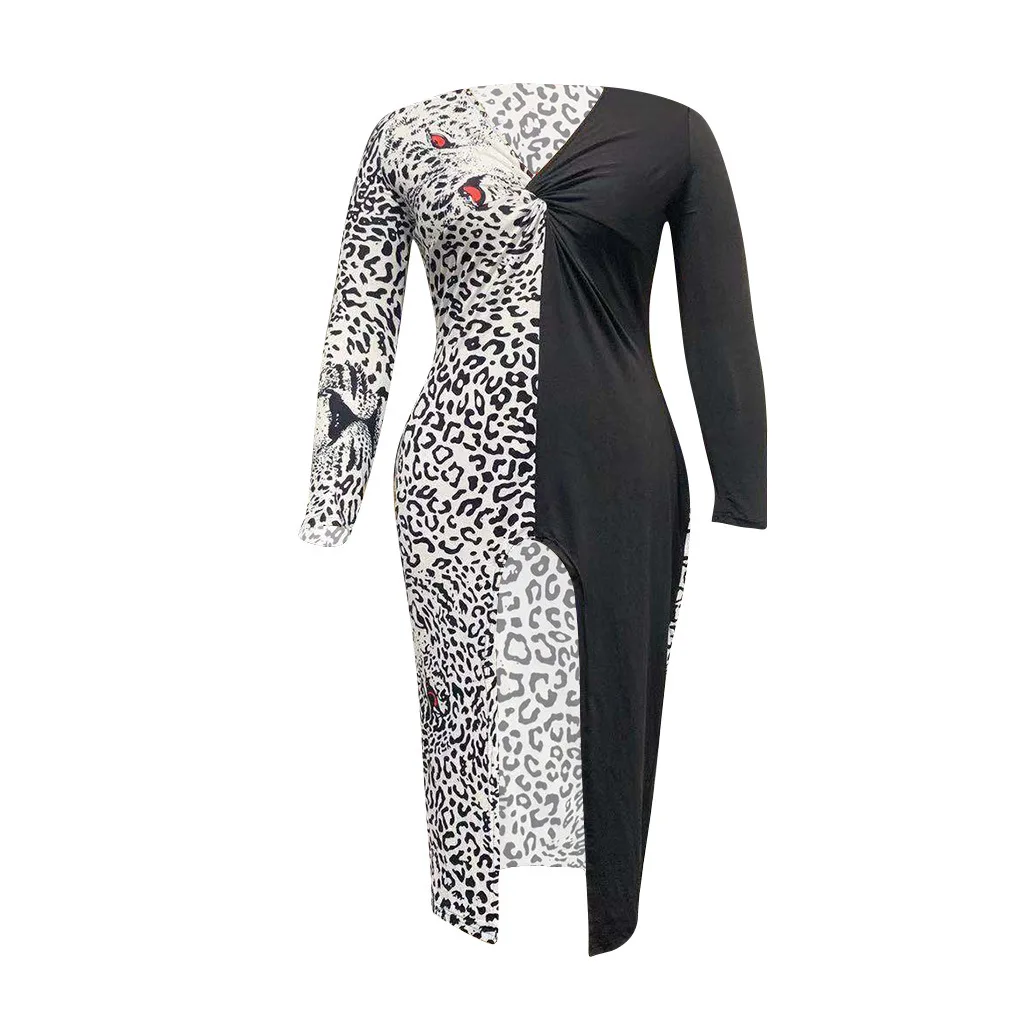 Осеннее платье-карандаш большого размера с длинным рукавом для девушек, платья для официальных вечеринок, облегающее женское сексуальное элегантное леопардовое платье