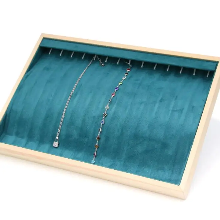 New Arrival Green Flannel Wooden Frame Jewelry Organizer Jewellery Storage Box Rings Earrings Holder Necklaces Stand Wholesale