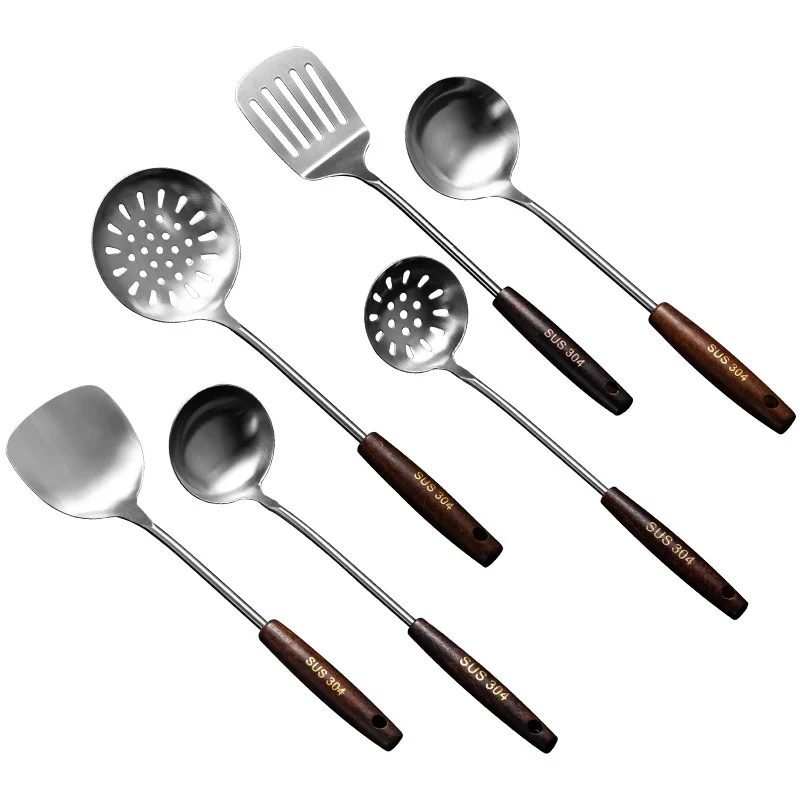 Stainless Steel Spatula Kitchenware Sets Anti-Scalding Wooden Handle Soup Spoon Colander Frying Shovel Kitchen Cooking Utensils
