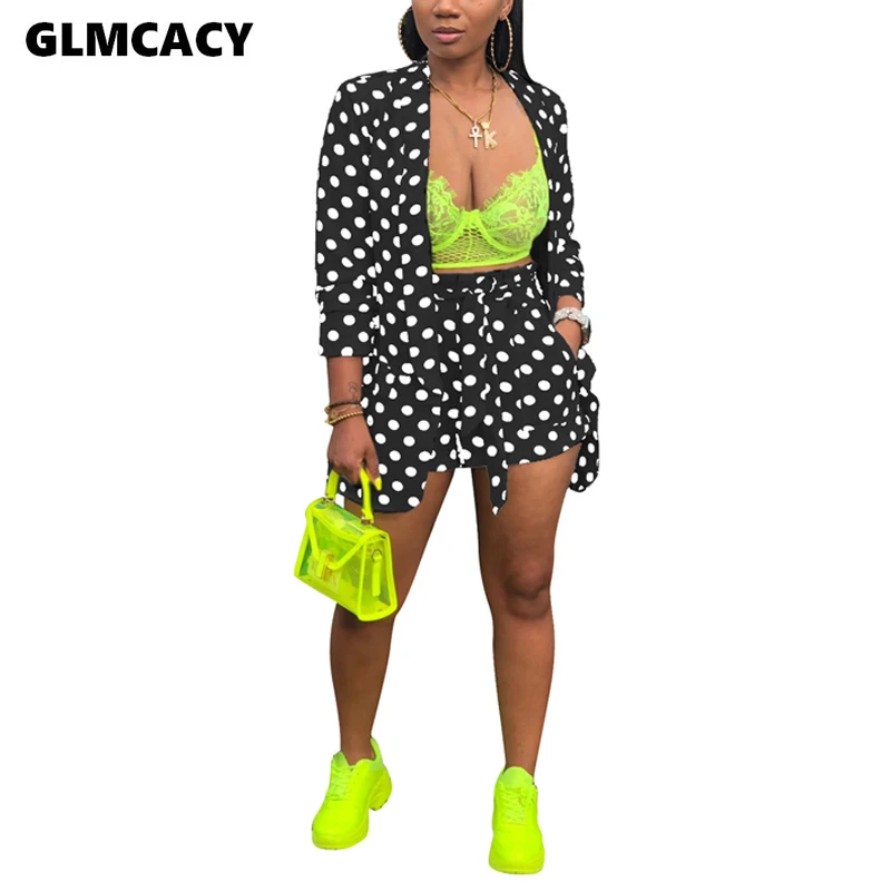 

Women Casual Turn-down Collar Polka Dot Long Sleeve Women's Sets Autumn Print Drawstring Above Knee Two Pieces