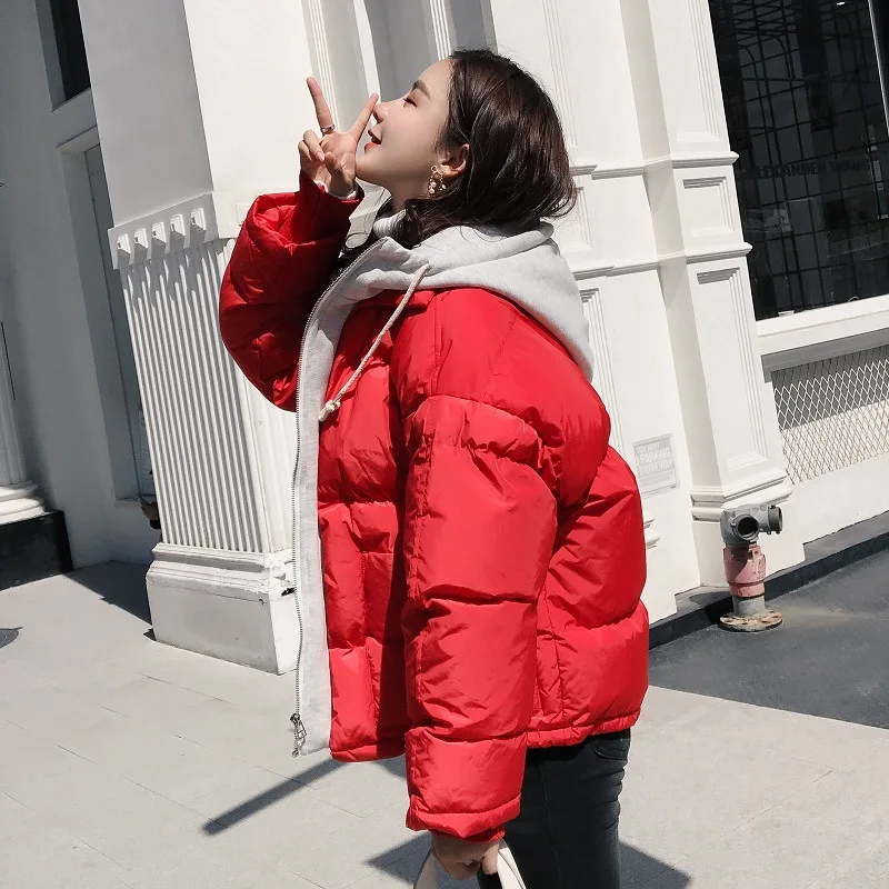 

Photo Shoot down Coat Cotton-padded Clothes Women's Short Winter CHIC Loose Thick BF Students Hooded Mock Two-Piece Cotton Coat