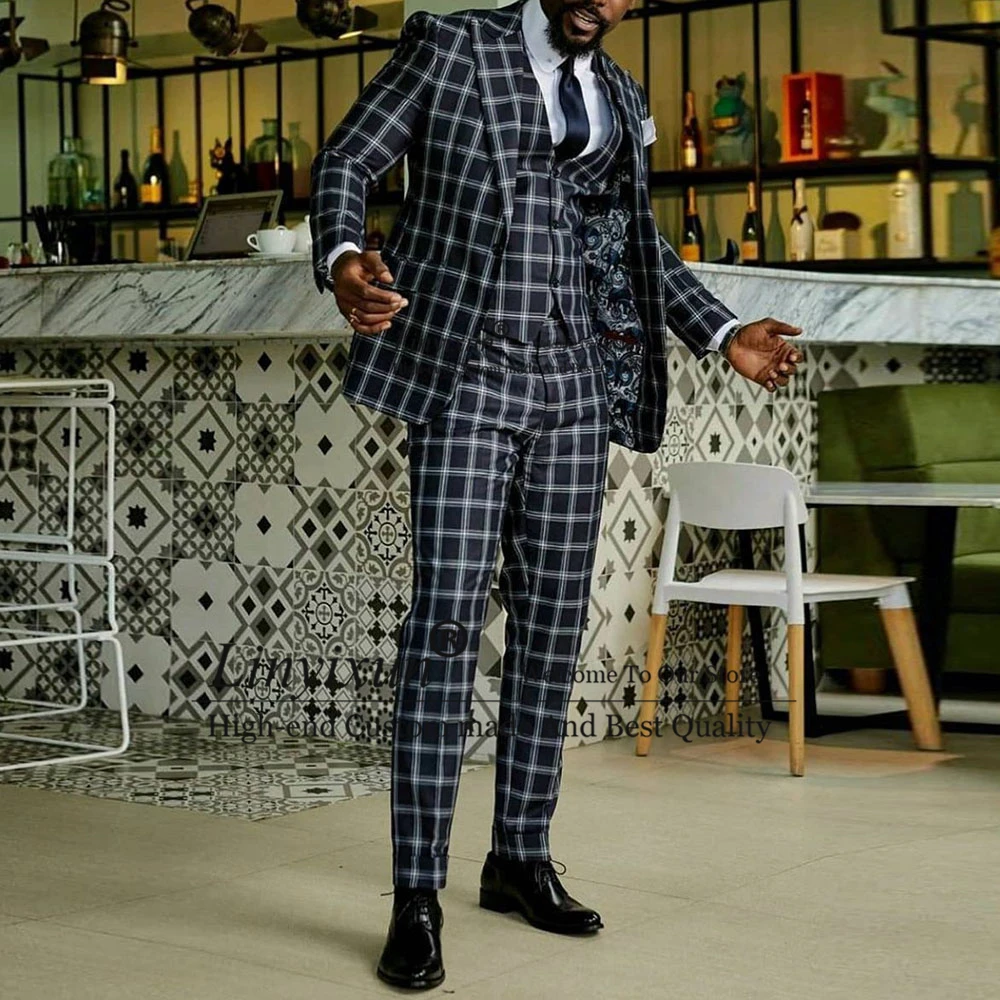 Handsome Terno Masculino Slim Fit Check Plaid Mens Suits For Wedding Groom Tuxedos 3 Pieces Set Male Business Jacket Vest Pants