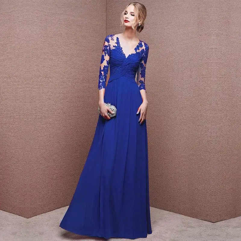 Кружевное сатиновое платье для молодых девушек, сексуальное платье макси в стиле пэчворк, китайское платье для выпускного вечера с пуговицами, сексуальное платье Чонсам с аппликацией, красное вечернее китайское платье-Ципао - Цвет: Royal Blue A