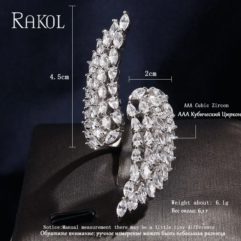 RAKOL, новое модное прозрачное циркониевое микро кольцо с крыльями ангела, Открытое кольцо для женщин, белое золото, ювелирные изделия для свадебной вечеринки, RR0190K
