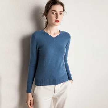 

2020 autumn and winter women's long-sleeved V-neck knitted solid color T-shirt new red