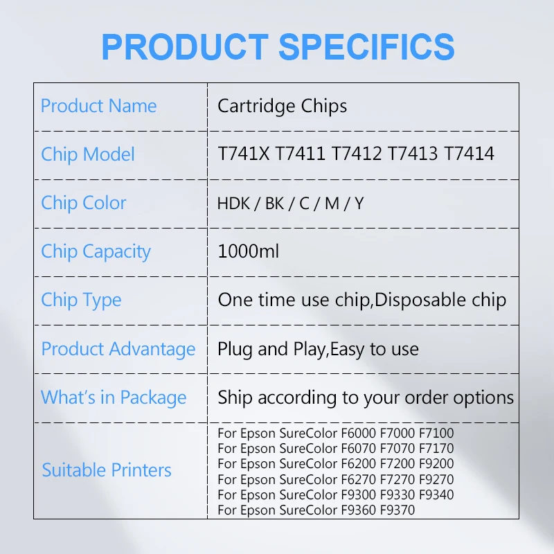 Cartridge chip T741X-T7414 T7411 T741X Ink Tank Chip Epson SureColor F6000 F6070 F6200 F6270 F7000 F7200 F7270 F9300 Cartridge Chip Unit