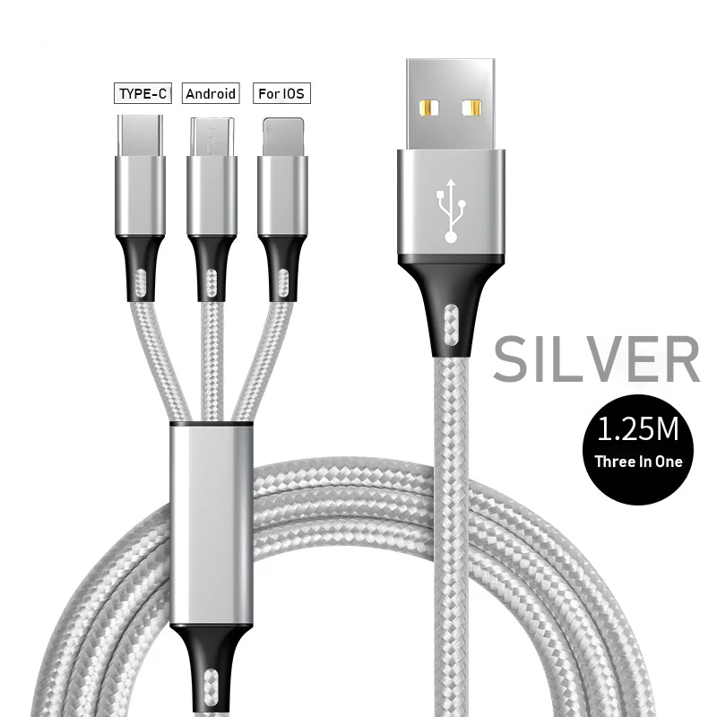 Silver 3 в 1 USB кабель мобильного телефона 2.4A Быстрая зарядка Micro USB/type C/8 pin для iPhone samsung Xiaomi Android USBC зарядное устройство Шнур провода - Цвет: Silver
