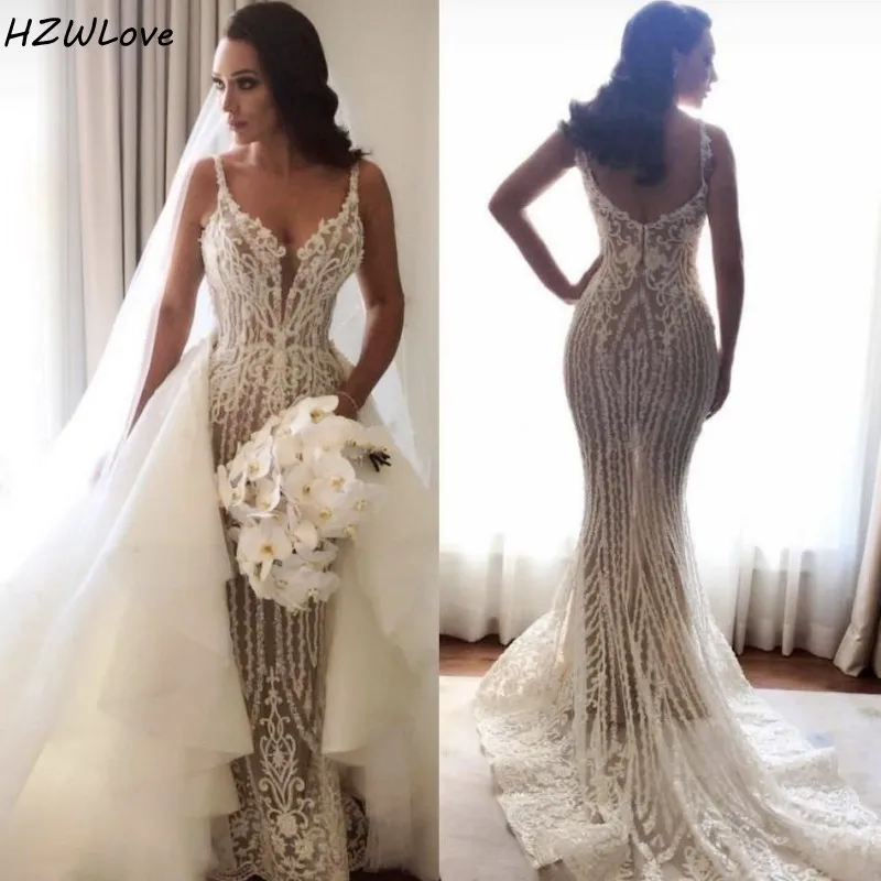 same as image Потрясающие Иллюзия Свадебные платья Русалочки Overskirts кружевное свадебное платье с аппликацией с расширенным съемным подолом, Cut_Out Свадебное платье - Color: same as image