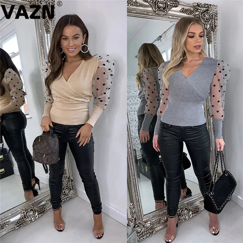 VAZN Новинка Женская мода бодикон Сексуальная Дамская Весенняя футболка с пышными рукавами и круглым вырезом Офисная Женская Кружевная футболка в горошек