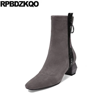 

fur square toe short fall shoes black ankle grey chunky comfortable women boots winter 2019 block vintage autumn designer suede