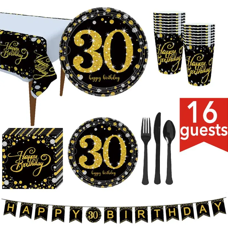 21th/30th/40th/50th/60th/70th/80th принадлежности для дня рождения 114 шт черный и золотой баннер одноразовые скатерти бумажные тарелки - Цвет: 30th-Gold