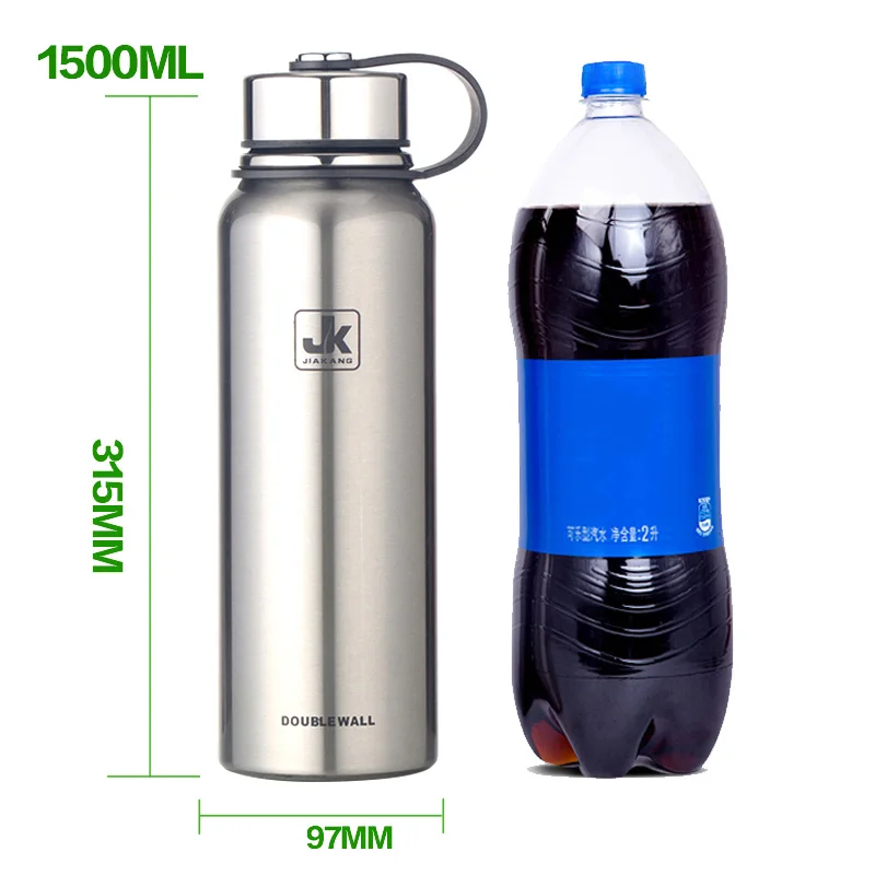 Логотип на заказ большой емкости нержавеющей Seel термос колба Открытый Портативный Спорт Вакуумная бутылка для воды с ручкой - Цвет: 1500ml Silver