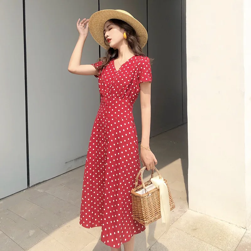

Photo Shoot 2019 WOMEN'S Dress Summer Hepburn Wind Red French V-neck Retro High-waisted A- line Chiffon Polka Dot Dress