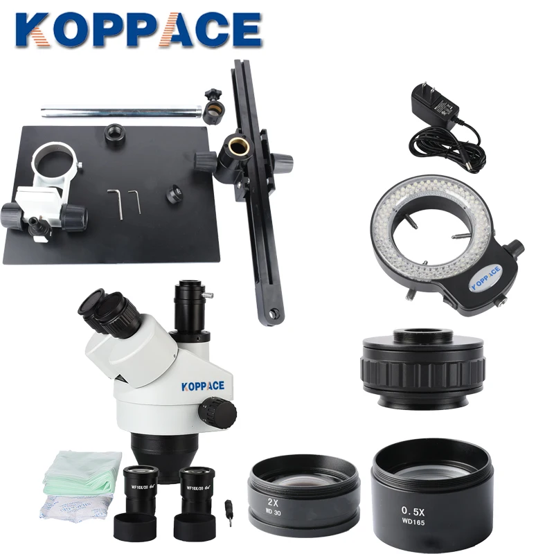 KOPPACE 3.5X-90X Тринокулярный Стерео Зум-микроскоп, 144 светодиодный кольцевой светильник, микроскоп для ремонта мобильных телефонов, 0.5X и 2.0X объектив