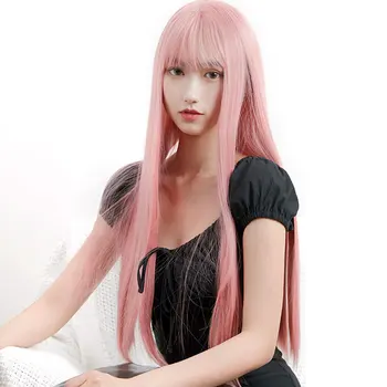 

MUMUPI Long Pink Lolita Wig Bangs Wig Harajuku Curly Ombre Azure Cute Party Cosplay Women