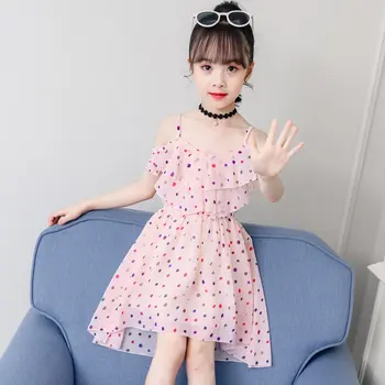 

Elegant Girls Dress Off Shoulder Chiffon Ruffle Top Summer Dot Print Kids Princess Party Vacation Beach Dresses Beige Pink