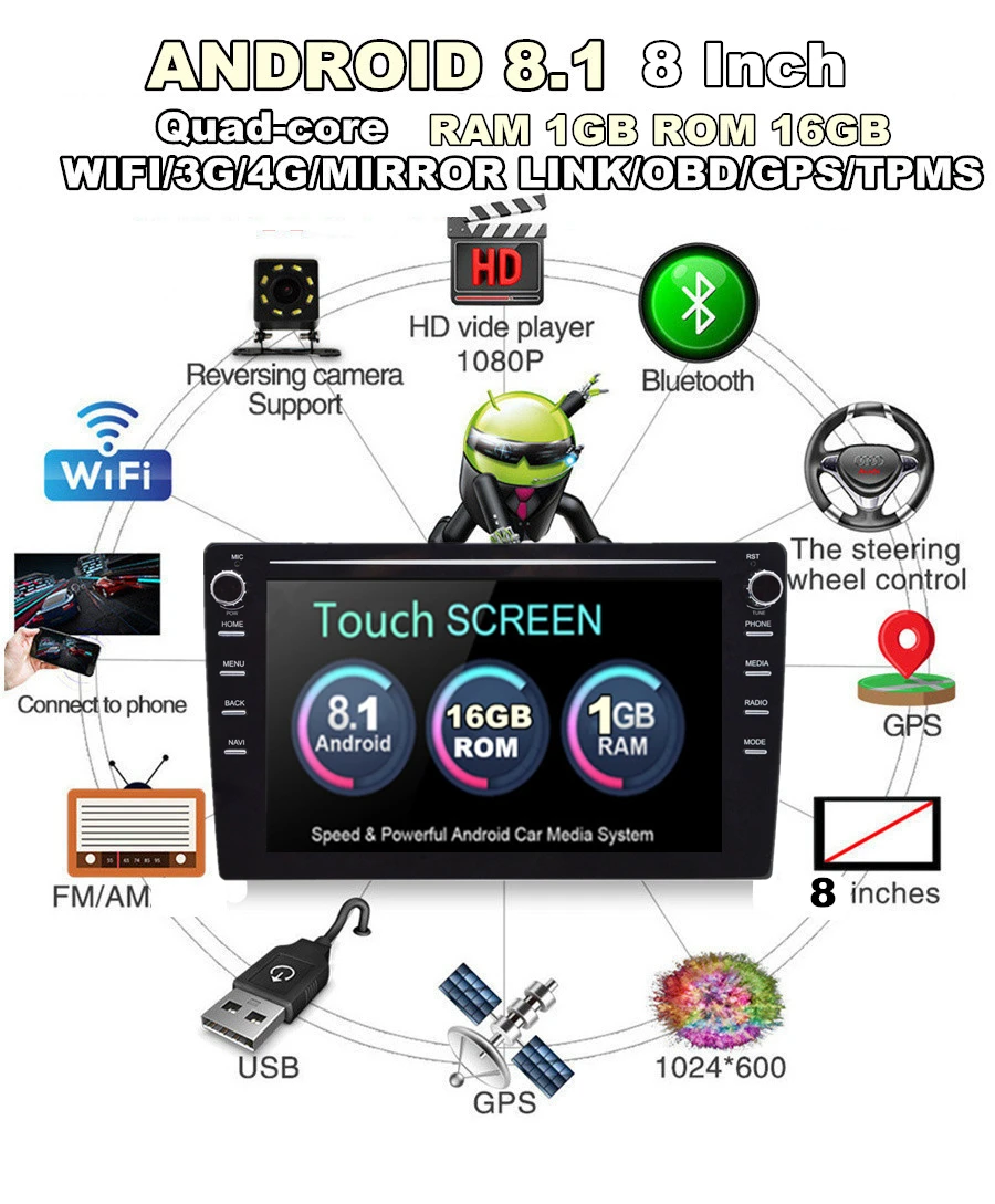 Универсальный " 1080 P сенсорный экран 1DIN Регулируемый Android 8,1 4 ядра 1+ 16 Гб автомобильный стерео с радио, GPS, WiFi BT DAB Зеркало Ссылка OBD