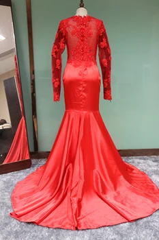 

2019 Vintage Sheer Long Sleeves Red Prom Dresses Mermaid Appliqued African Formal Dress Women Elegan Black Girls Evening Gowns