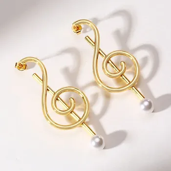 

Music Note Stud Earrings Pearl Women Gold Color Stainles Steel Treble Clef Mismatched Asymmetric Music Symbol Jewelry
