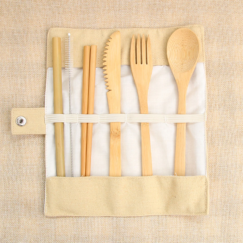 

7-Piece Wooden Flatware Picnic Wood Knives Fork Spoon Chopsticks Travel Utensils Bag Dinnerware Sets Cooking Kitchen Tool Bag