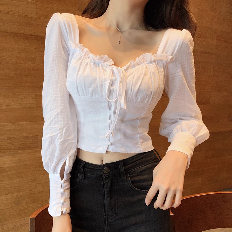 

COIGARSAM Vintage Full Sleeve Shirt Womens tops Spring Chiffon Puff Sleeve Square Collar Women shirts White 8335