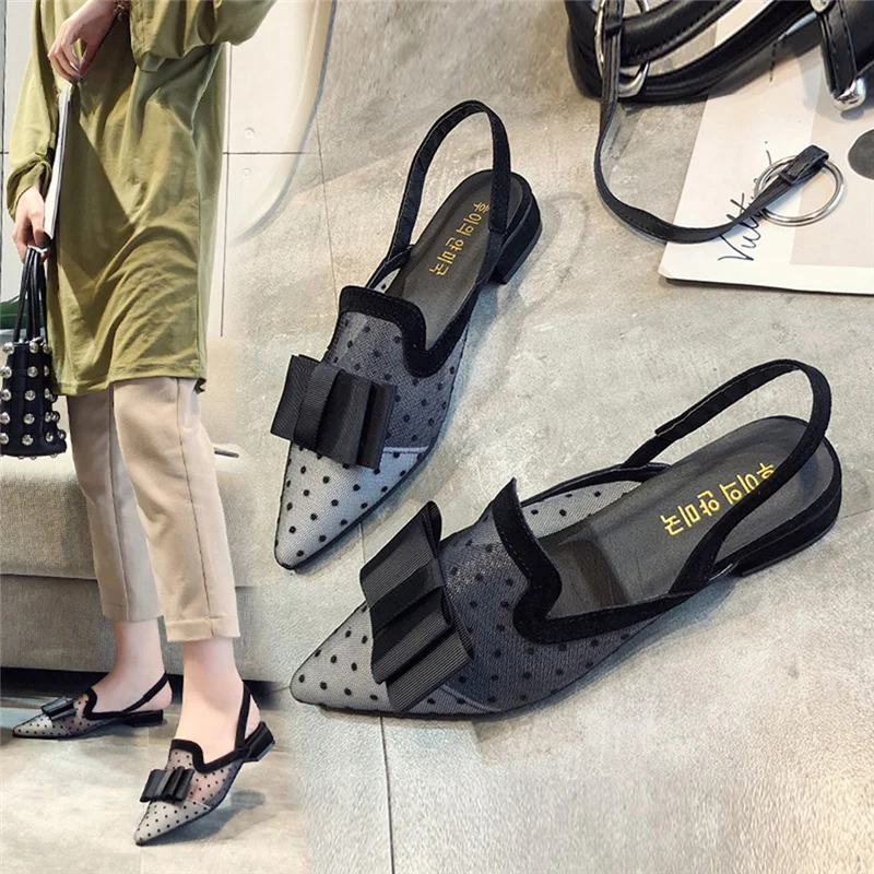 Черные Сетчатые женские туфли лодочки с узором в горошек Женские острым закрытым