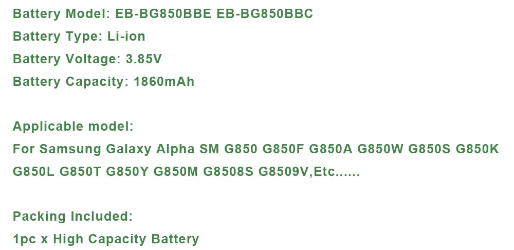 EB-BG850BBE Батарея для samsung Galaxy Alpha SM G850 G850F G850A G850W G850S G850K G850L G850T G850Y G850M G8508S G8509V Батарея