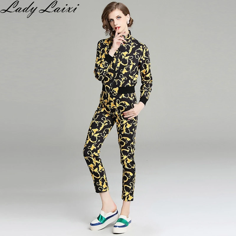

Luxury Runway Two Piece Set Women Clothes Golden Baroque Printed Zipper Jacket Coat Tops+Bodycon Pants Tracksuit Suit Wear