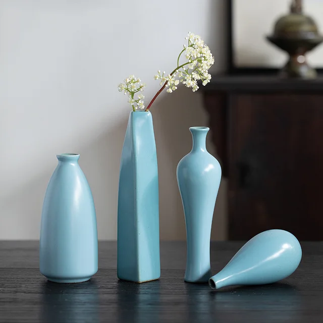 Jingdezhen Chinese simple Japanese Zen ceramic tabletop blue small vase dried flower decoration 3