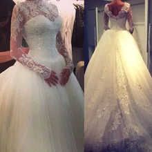 

Vestido De Noiva High Neck Long Sleeve Lace appliques Wedding Dress Ball Gown Wedding Dresses 2019 Robe De Mariage Casamento