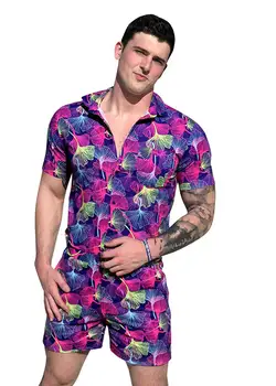 

New European and American men's summer short-sleeved jumpsuit with zip-up printed hip-hop men's casual beach tracksuit men
